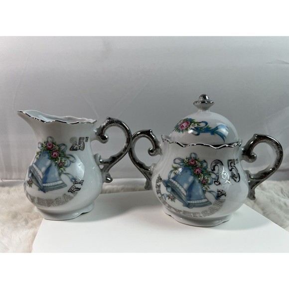 Vtg Norcrest 25th Anniversary Sugar &Creamer Set AN-926 Blue Bells/silver Japan - Picture 1 of 8